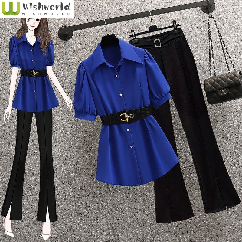 Summer New Korean Style Belt Decoration Chiffon Shirt Casual Wide Leg Pants Two-piece Elegant Women Pants Suit Office Outfits