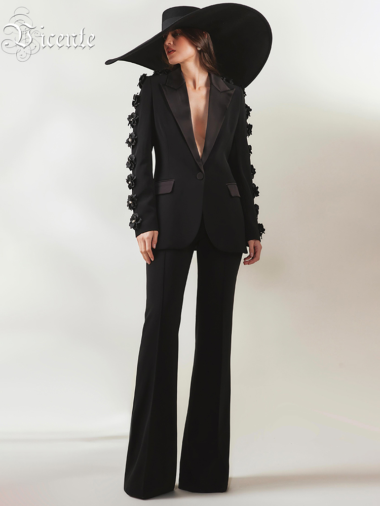 VC Fashion Summer Black Slim Fit Women Pants Suits Set Long Blazer with Flowers Wide Leg Classic Office Lady Party Prom Dress