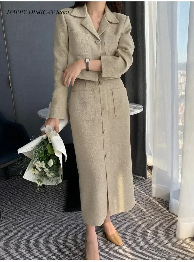 Women's Tweed Skirt and Blazer Suits, Coat, High Waist, Back Zipper, Elegant, Stylish, Short, 2 Piece Sets