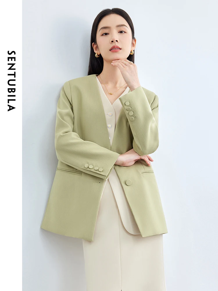 SENTUBILA Fashion Suit Jacket Women 2025 Spring Single Breasted Simple blazer Office Lady Long Sleeve V-Neck Coat 141X52951