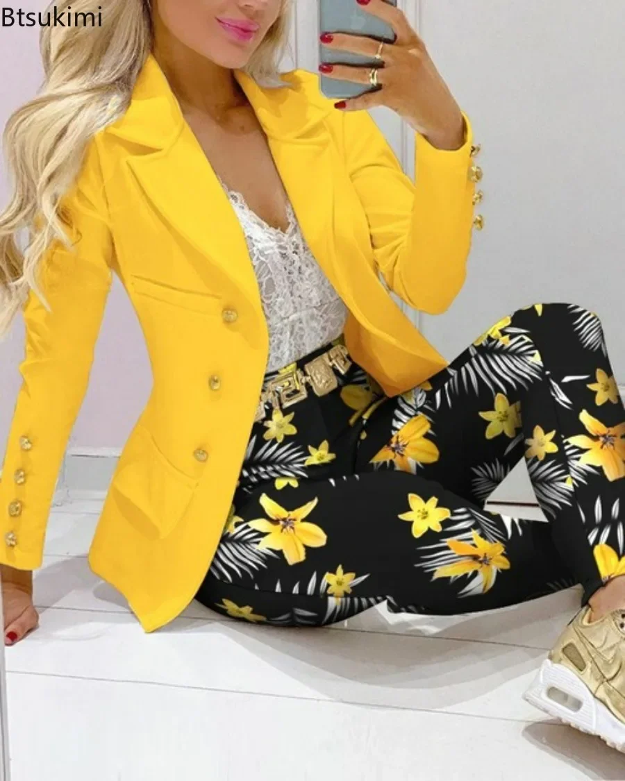 2025 Two Piece Pant Suits Set Women Clothes For Ladies Outfits Lapel Collar Double Breasted Blazer Suit Pants Set Formal Sets