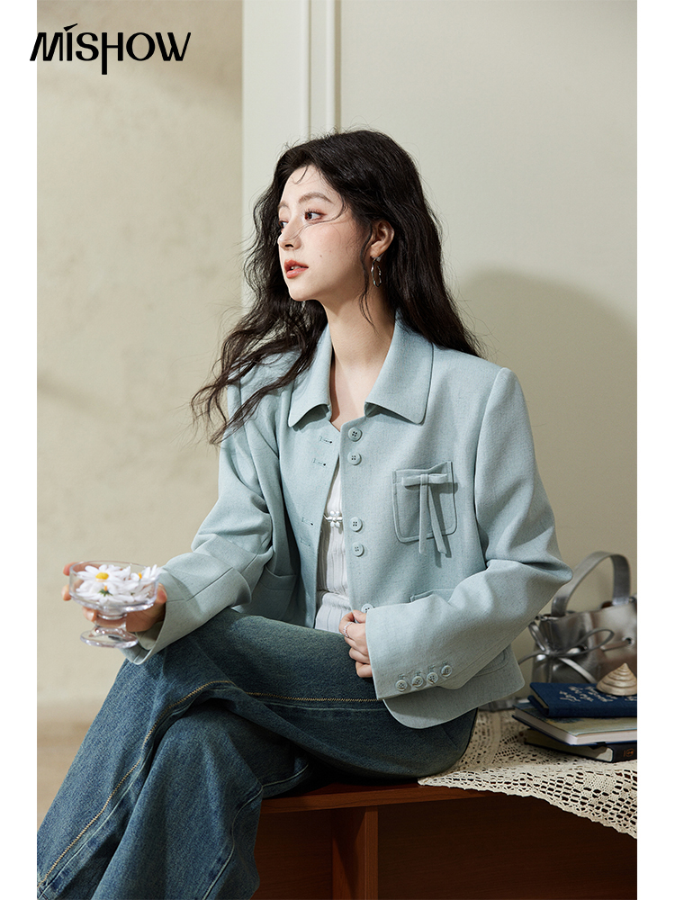 MISHOW Women's Blazer 2025 Spring Bow Multi-pocket Blue Casual Coat Polo Neck Linen Blend Suit Jacket Office Lady MXE14W0755