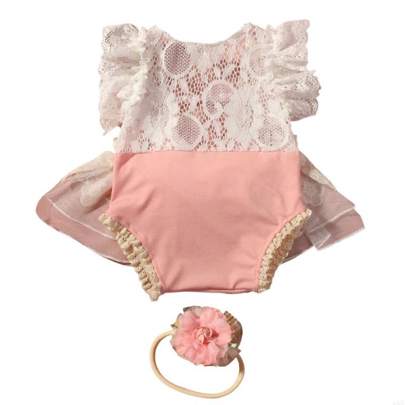 Comfortable Baby Headband Lace Romper Jumpsuit Set with Delicate Ruffle and Bowknot Charm for Stylish Photoshoots 24BE