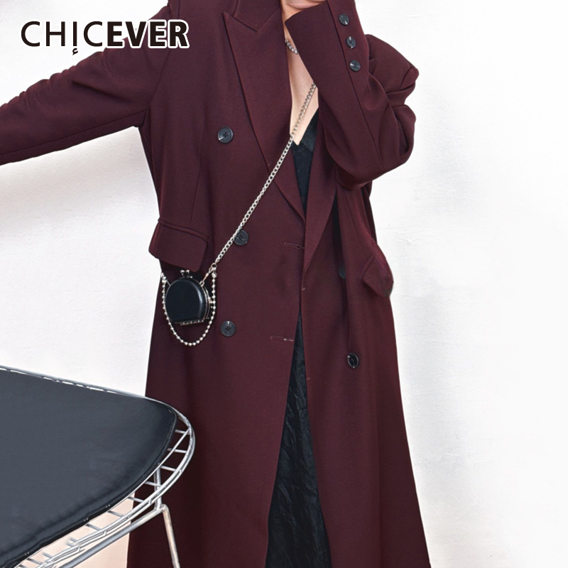 CHICEVER Solid Trench Coat Women Lapel Long Sleeve High Design Spliced Double Breasted Knee Length Windbreaker Female New Style