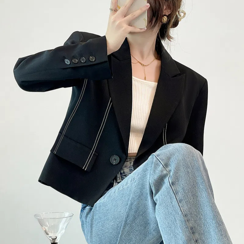 Spring Summer Women's 2024 New Spliced Suit Collar Button Pocket Fashion Solid Color Minimalist Casual Loose Long Sleeve Blazers