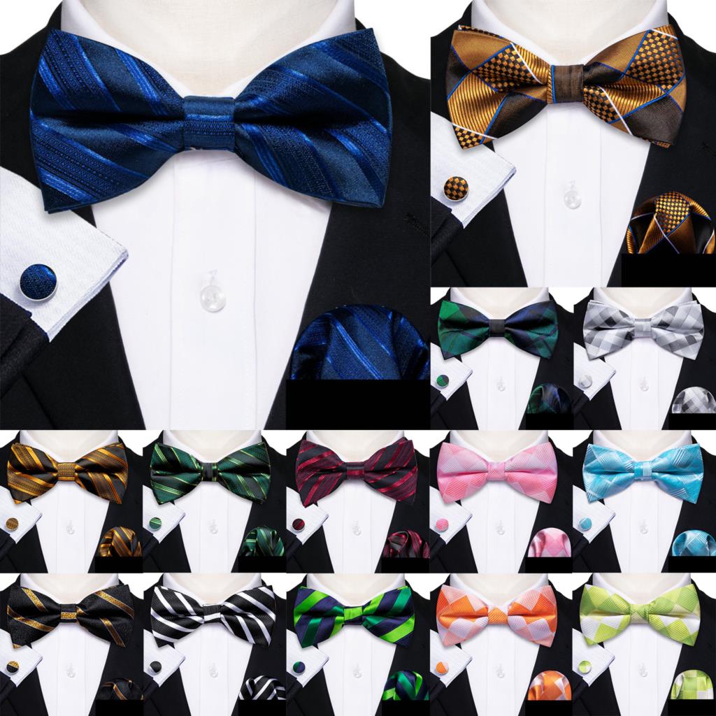 Barry.Wang Jacquard Striped Plaid Silk Mens Bow Tie Hanky Cufflinks Set Pre-Tied Bowtie Navy Blue Burgundy Mint Pink Lilac Green