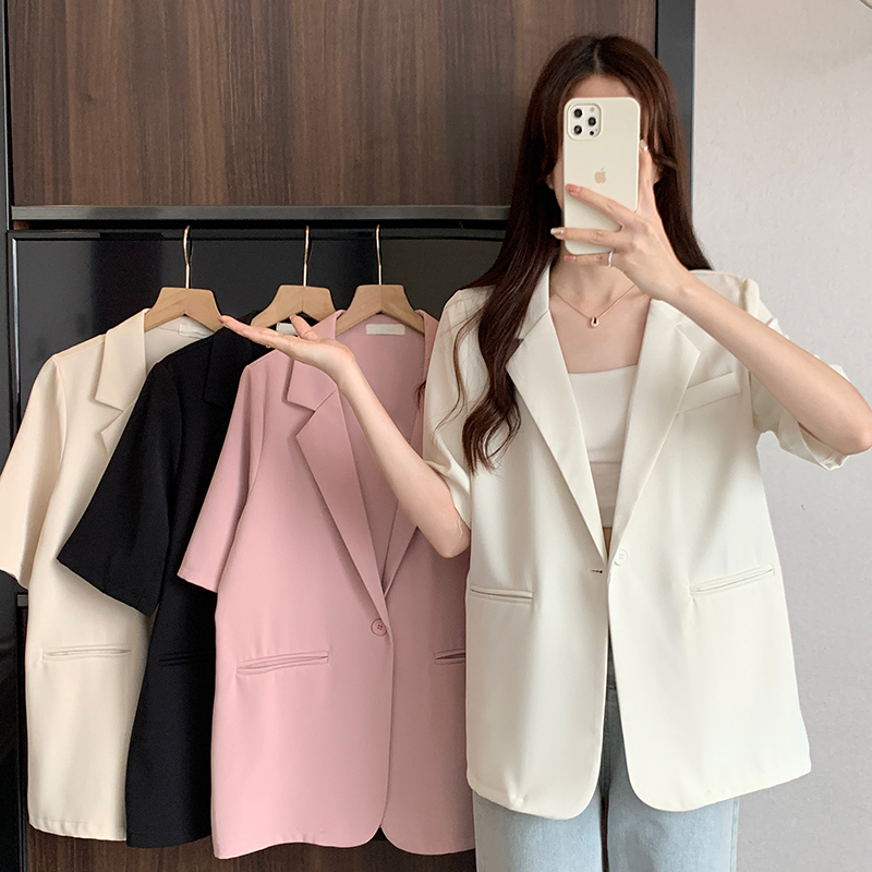Korean Thin Blazer Women Chic Summer Casual Solid Short Sleeve Basics Loose Notched Single Button Female Blazers