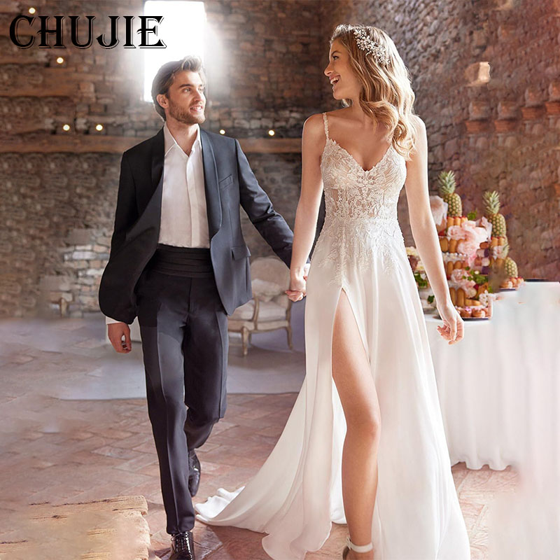 Appliques Chiffon Wedding Dresses A Line Pleated Bridal Gowns With Train Custom Made Plus Size Bride Dress Vestido de novia