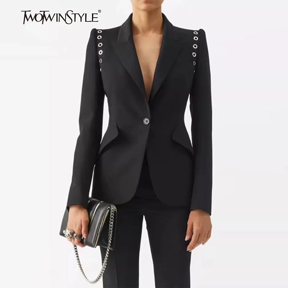 TWOTWINSTYLE Solid Spliced Button Slimming Blazers for Women Lapel Long Sleeve Tunic Temperament Coats Female Fashion