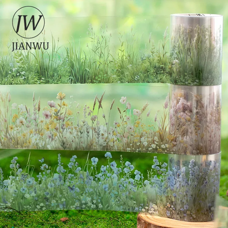 JIANWU 50mm*200cm Green Notes Series Vintage Plant Flower Landscaping Material Collage PET Tape Creative DIY Journal Stationery