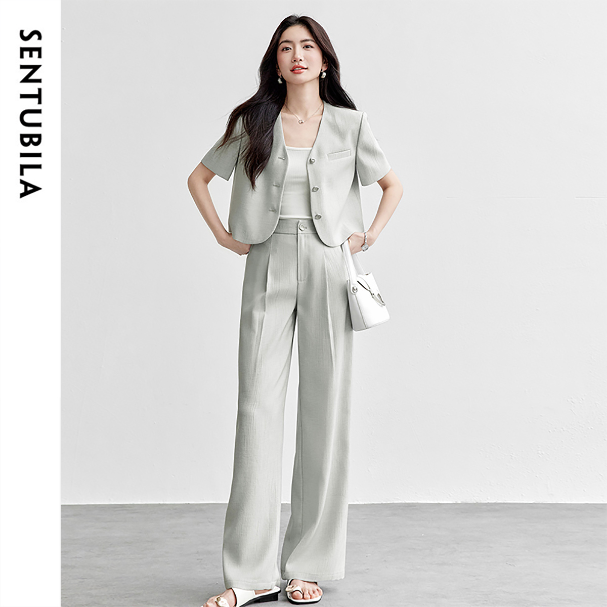 SENTUBILA 2025 Pant Sets 2 Pieces Set For Woman Pearl Metal Buckle Women's Summer Suit Wrinkle-Resistant Blazer Outfit 152ZA0061