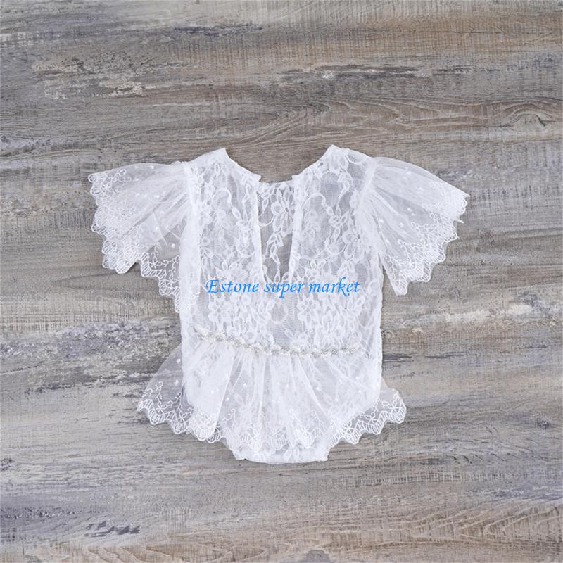 090B 2 Pcs Newborn Photography Props Outfits Baby Lace Romper Headband Set Infants Photo Bodysuit Jumpsuit Hair Band