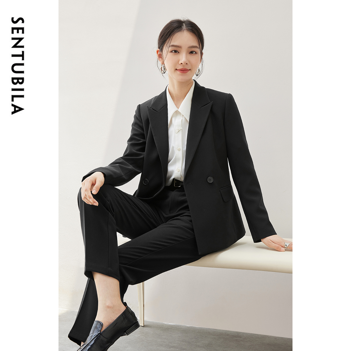 SENTUBILA Two Piece Sets for Women 2025 Autumn Office Work Wear Black Outfits Ankle-length Pencil Pants Notched Blazer 143Z56907