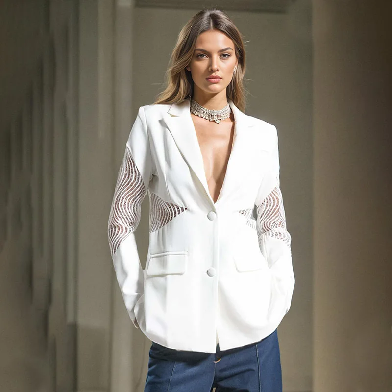 TIFICY Stylish British Style Autumn New Hollow Out Design Blazer Women&#039;s Lace Perspective Splicing for Commuting Style Suit