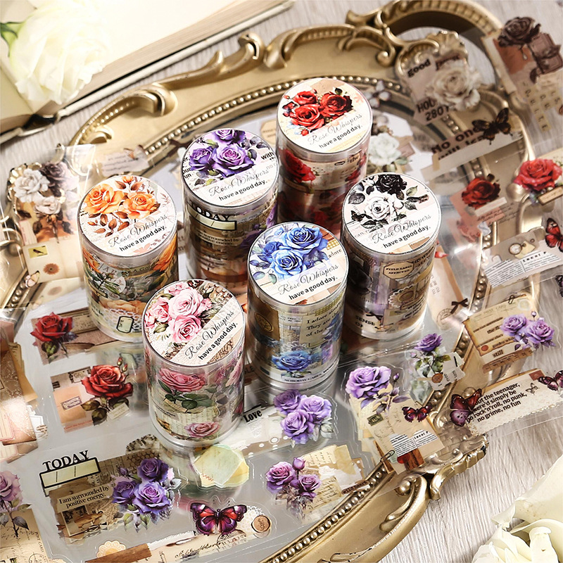 Mr. Paper, 4 Styles, Botanical Cut and Die Tape, Rose Floral Decals DIY Decorative Collage Material Waterproof Tape