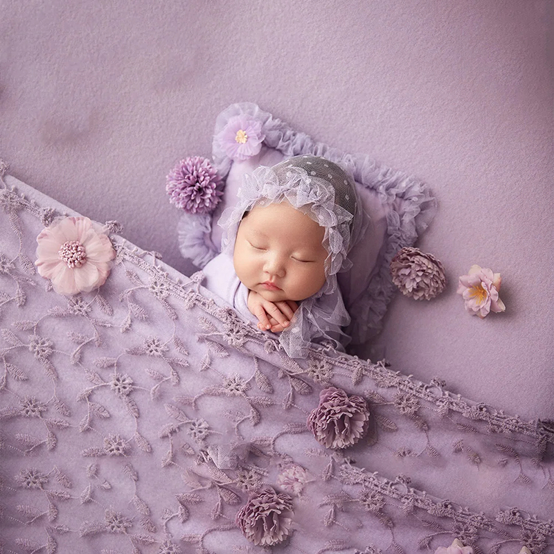 Purple Theme Baby Photo Accessories Newborn Photography Lace Pillow Elastic Wrap Props For Baby Girl Studio Potoshoot Props