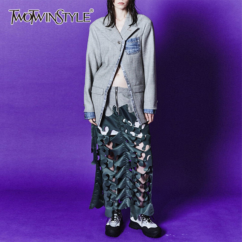 TWOTWINSTYLE Colorblock Patchwork Denim Designer Blazer For Women Notched Collar Long Sleeve Spliced Pocket Chic Blazers Female