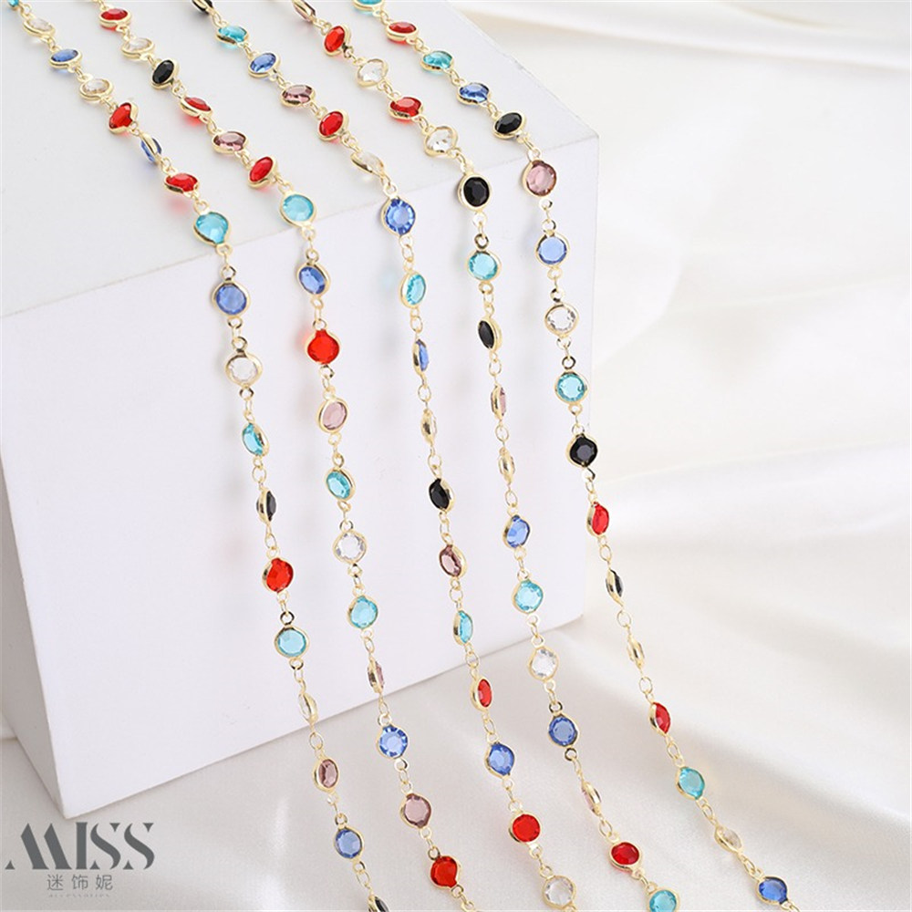 14K Gold-wrapped Colorful Round Glass Crystal Beads Handmade Chain Loose Chain DIY Bracelet Necklace Jewelry Accessories