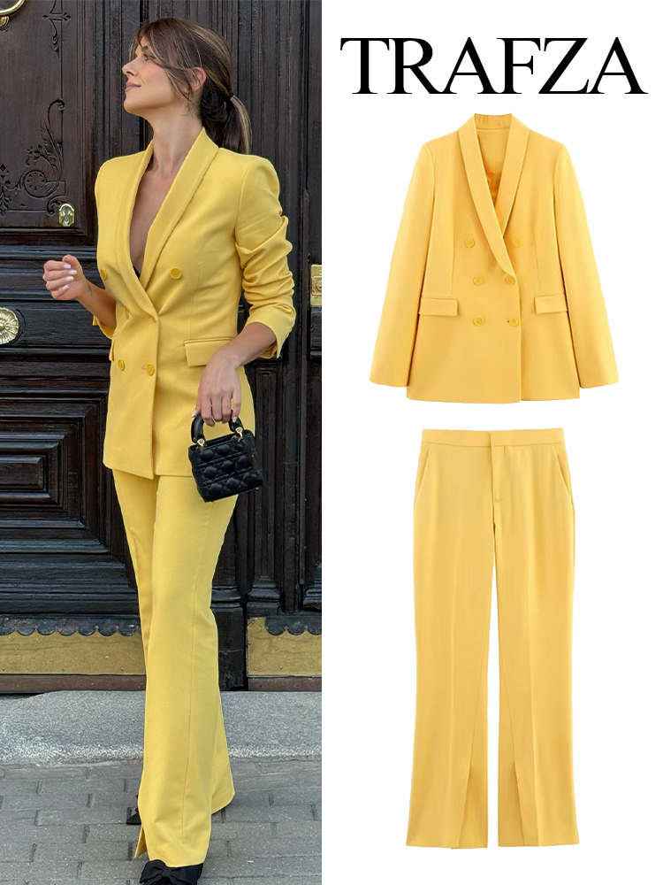 TRAFZA Women Spring Suit Turn-Down Collar Long Sleeves Double-Breasted Blazers+Mid Waist Zipper Flared Pants Women Casual Set
