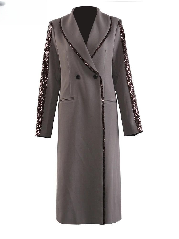 Woman Clothing Camel Sequins Spliced Big Size Long Blazer New Lapel Long Sleeve Jacket Fashion Tide Spring Autumn2025 outerwears