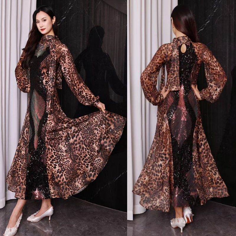 Luxury Ballroom Dance Dress Women Competition Clothing Sequin Leopard Long Dress Waltz Dance Performance Dress Prom Wear BL14758