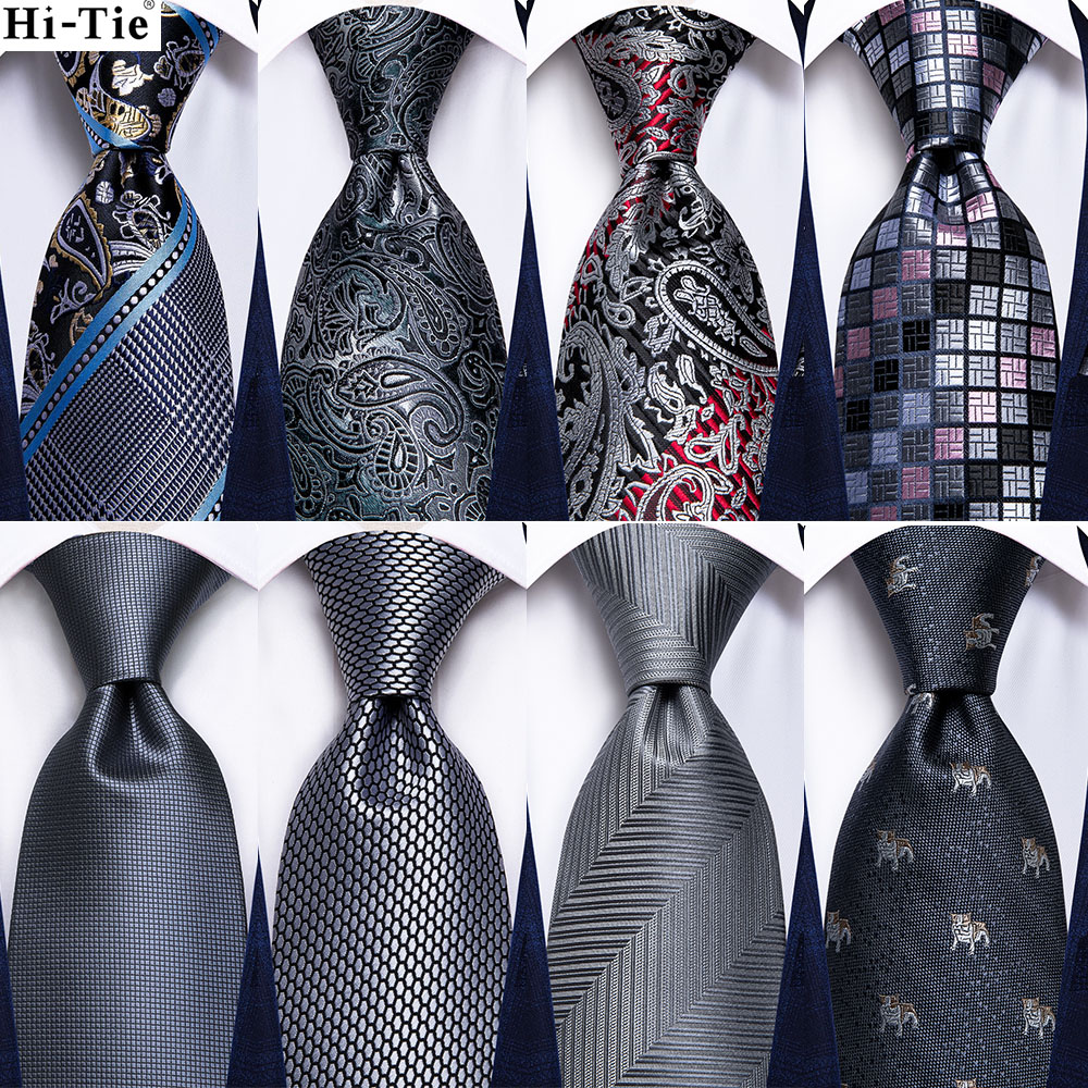 Grey Striped Paisley Silk Wedding Tie For Men Handky Cufflink Gift Mens Necktie Fashion Design Business Party Dropshiping Hi-Tie