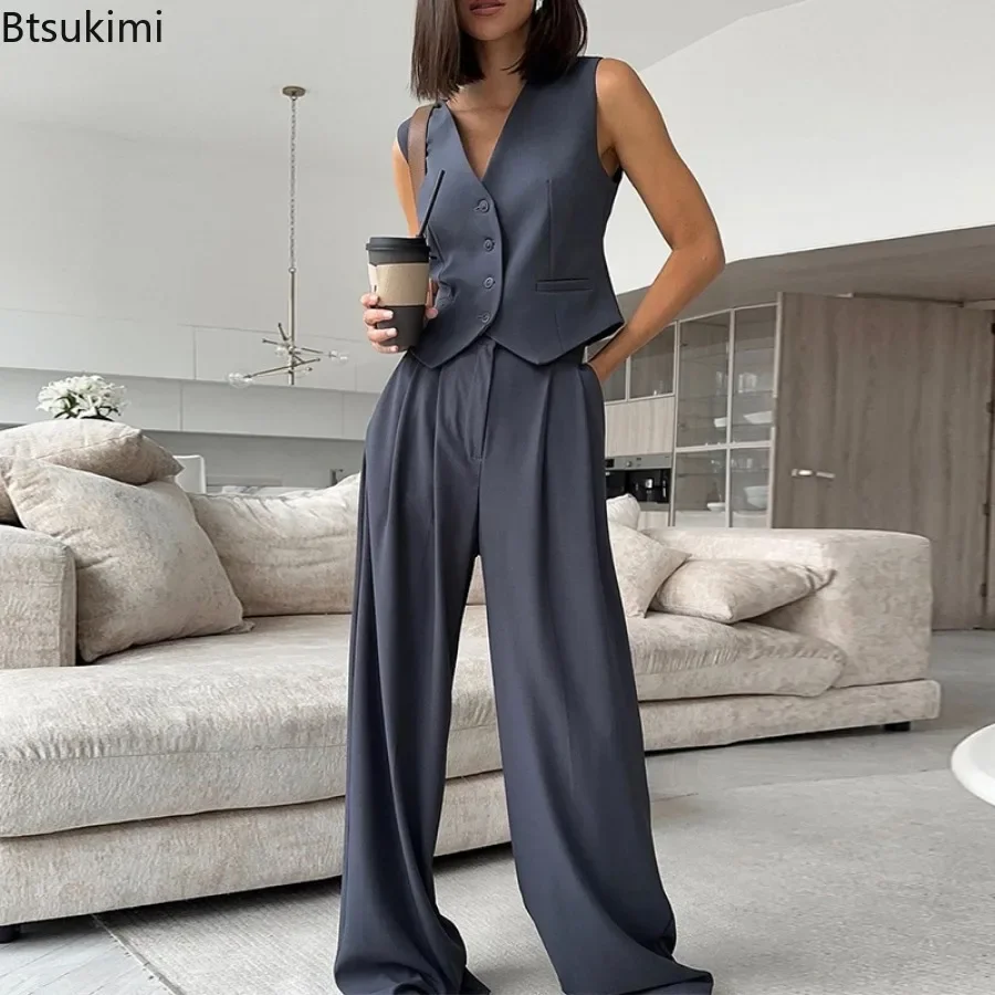 2025 Women&#039;s Summer 2 Piece Pants Set Solid V-neck Single Breasted Sleeveless Vest With Wide Leg Pants Sets Fashion Casual Suits