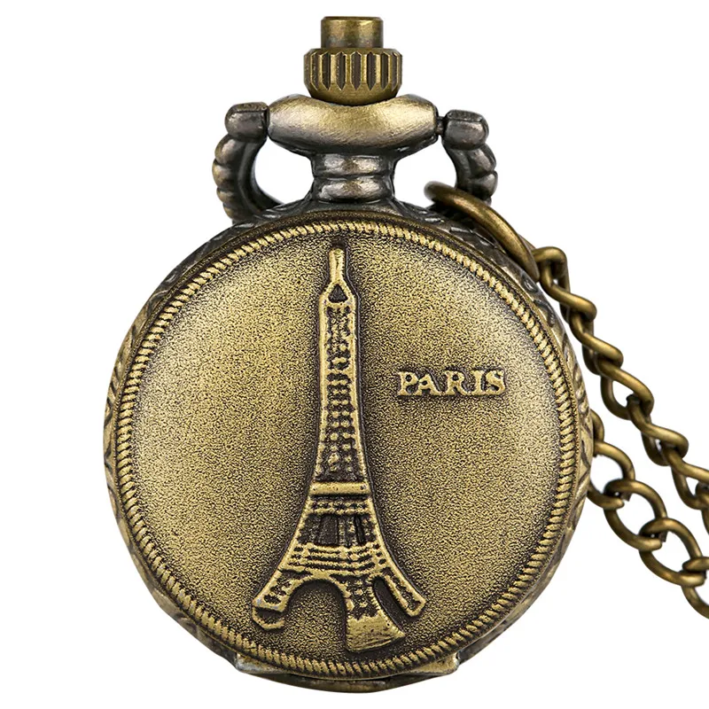 Vintage Mini Clock Paris Tower Full Hunter Cover Antique Quartz Analog Pocket Watch for Men Women Necklace Chain Collectable