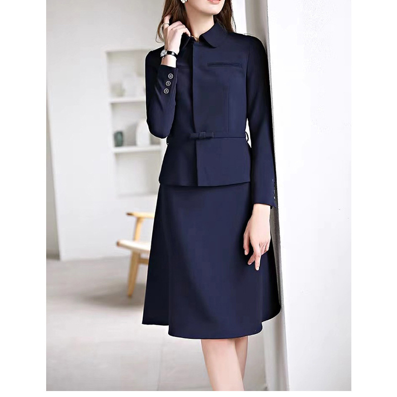 Navy Blue Fashion Business Suit Women Two Piece Skirts Sets Blazers Suits Turn-down Collar Coats Slim Fit Belt Long Sleeves Chic
