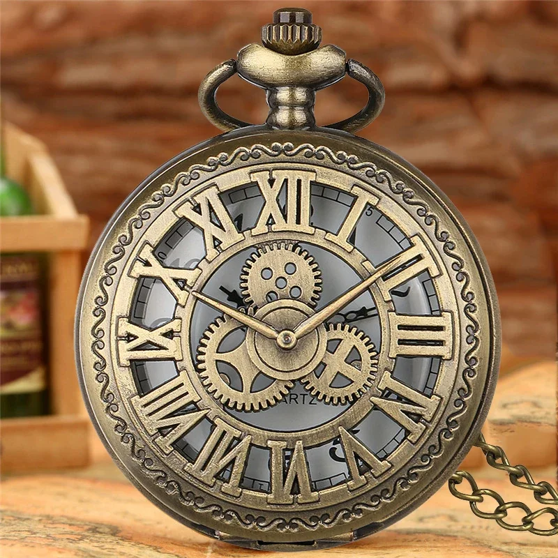 Classic Pocket Watch Hollow Out Gear Roman Number Cover Analog Quartz Movement Clock with Necklace Pendant Chain Timepiece Reloj