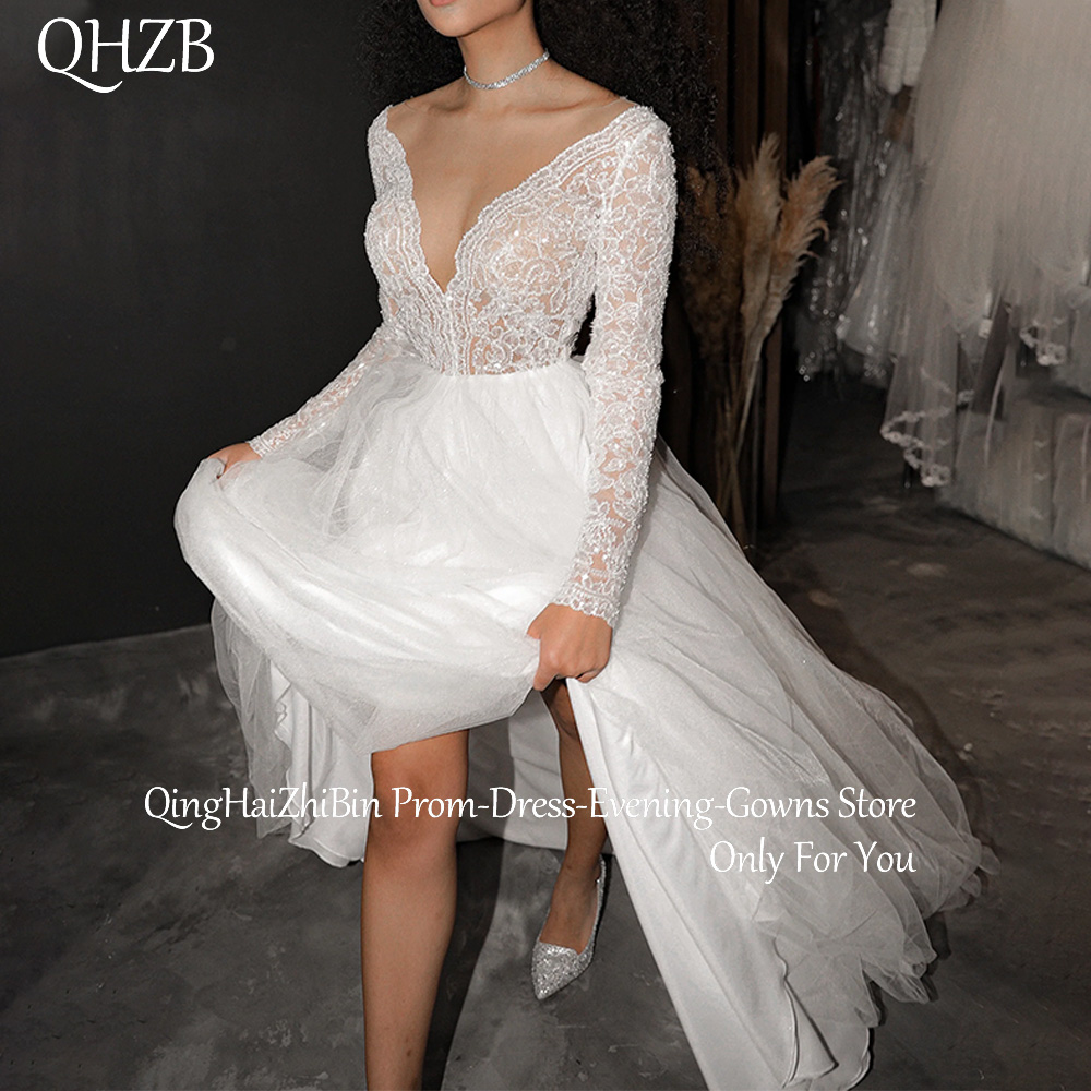 Customized Sparkle White Long Wedding Dresses Lace V-Neck Floor-Length A-Line Brides Dress Women Vestidos De Novias Gowns 2025