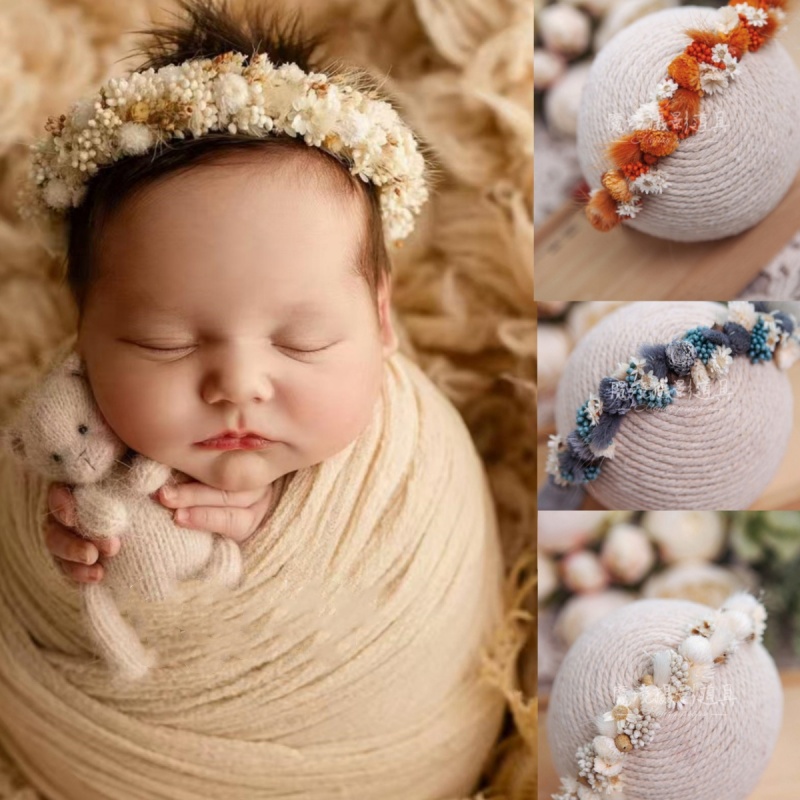 Newborn Photography Props Baby Headband Dry Flower Hairband Full Moon Shooting Accessories Infant Photo Headdress