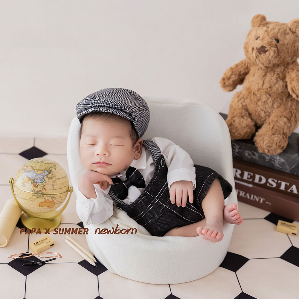 0-1 Month Newborn Photography Props British Style Theme Outfits with Matching Hat and Bear Doll for Baby Boy for Photography