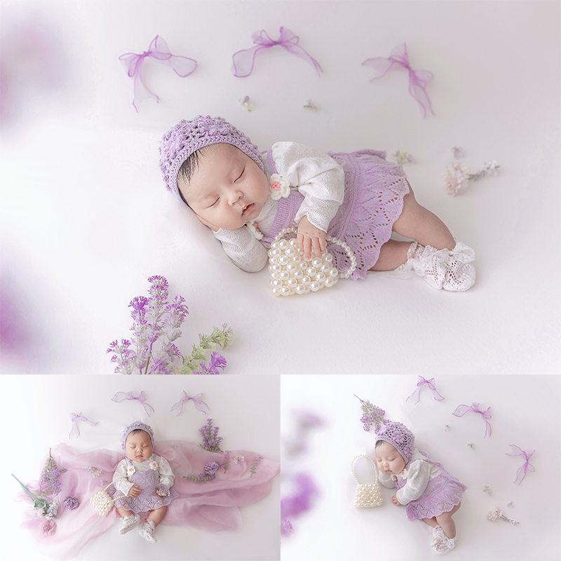 Newborn Girl Photoshoot Outfits Knitted Baby Girl Photography Dress With Hat Purple Pad Blanket For Photo Shooting Infant Props
