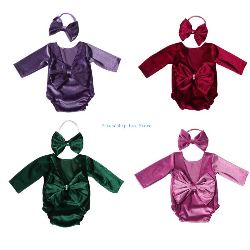 F1CB Baby Photoshoot Outfit Newborn Photo Set Elegant Newborns Outfit Baby Romper Headband for Holiday Newborn
