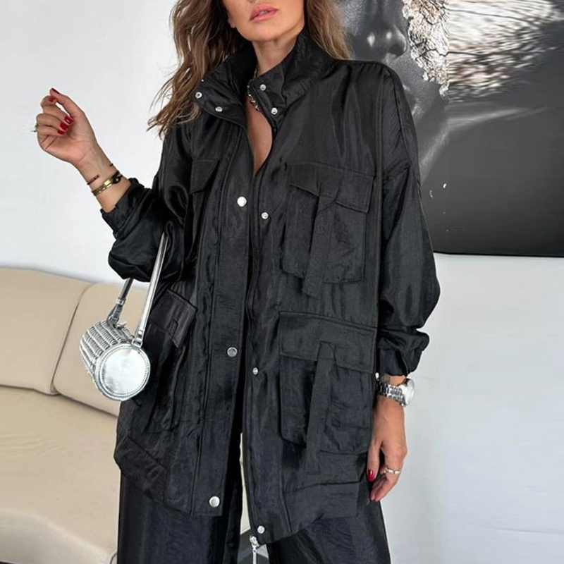 Retro Metallic Color Women&#039;s Jacket Straight-leg Pants 2Psc Casual Lapel Button Zipper Office Top Long Sleeve Pocket  Outerwear