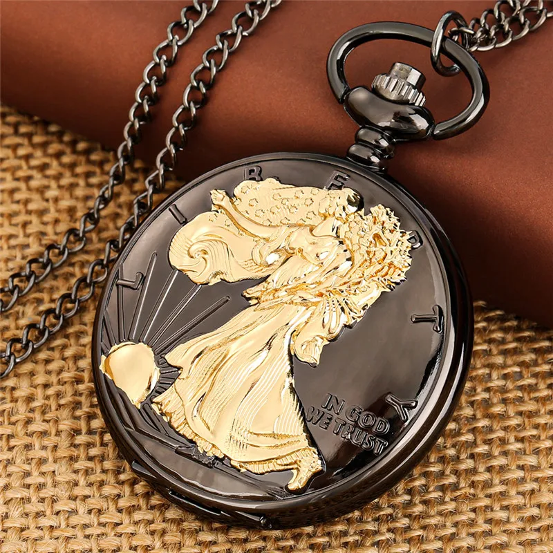 Creative Liberty In God We Trust Men Women Quartz Analog Pocket Watch Full Hunter Case Roman Number FOB Necklace Chain Souvenir