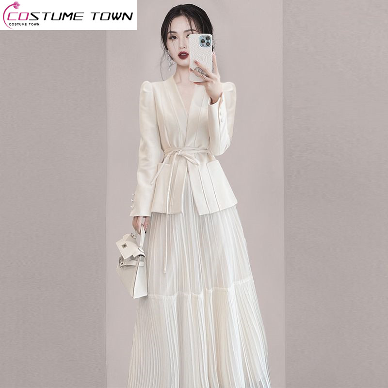 Korean Style Lace Up Jacket Blazer Ruffled Ruffle Skirt Two Piece Elegant Women&#039;s Dress Set Office Outfits