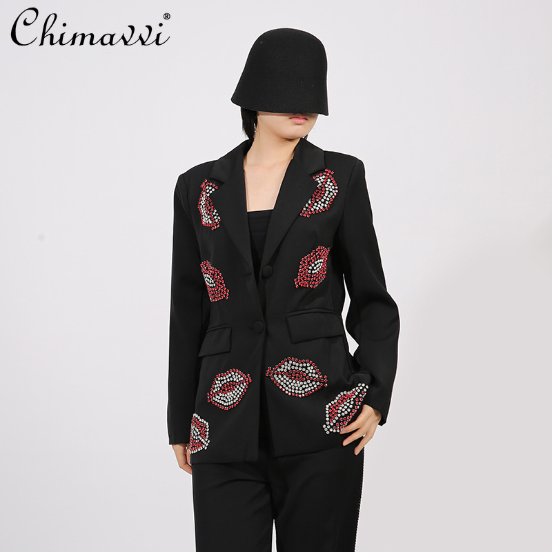 French Elegant Commuter Black Jackets Heavy Industry Diamond Lip Pattern Single-Breasted Slim Versatile Blazer Suit Women Autumn