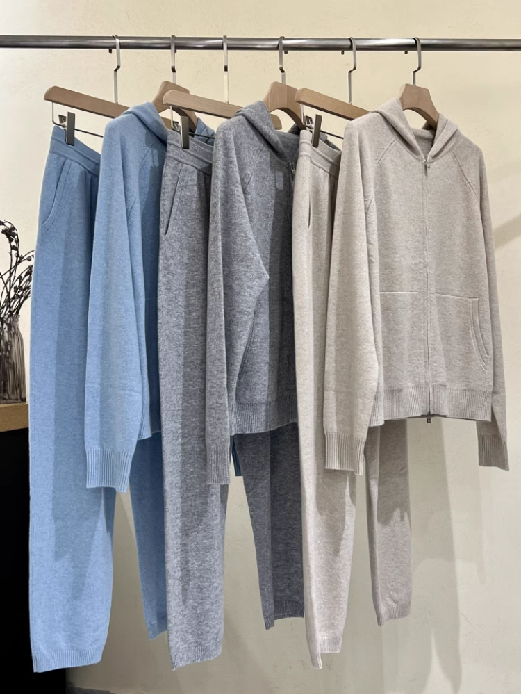 Luxurious Pure Cashmere Hooded Knitted Zipper Cardigan Set