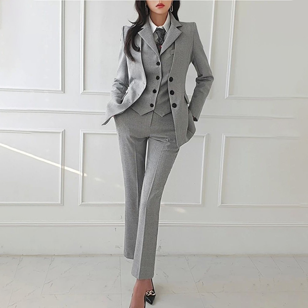 Women Pants Suits 3 Piece Suit for Women Slim Fit Business Office Collarless Jacket, Peak Lapel Vest Womens Fashion Suit