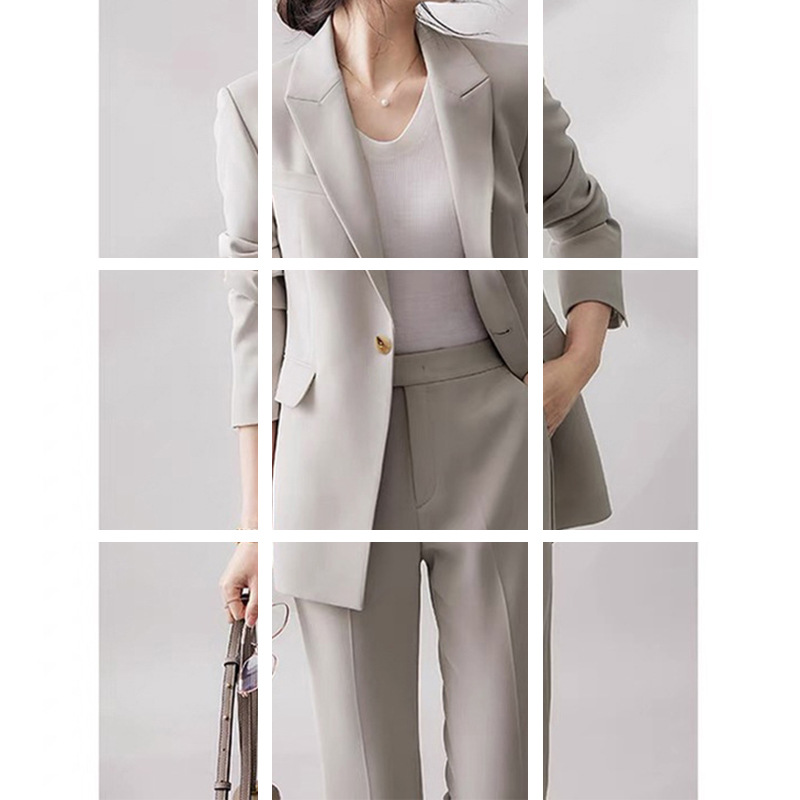 Women Spring Blazer Set Triacetate Cropped Pants Suits Solid Color Slim-fit Trousers Office Ladies Long Sleeves Back Slits Lapel