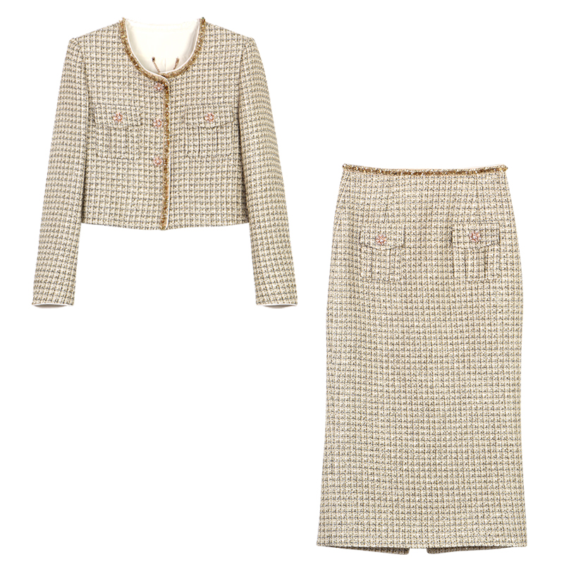 New suit Light luxury chaebol Qianjin Heavy Industry Beaded Sequins Tweed Small Flavor Style Short Jacket + Half-length Skirt