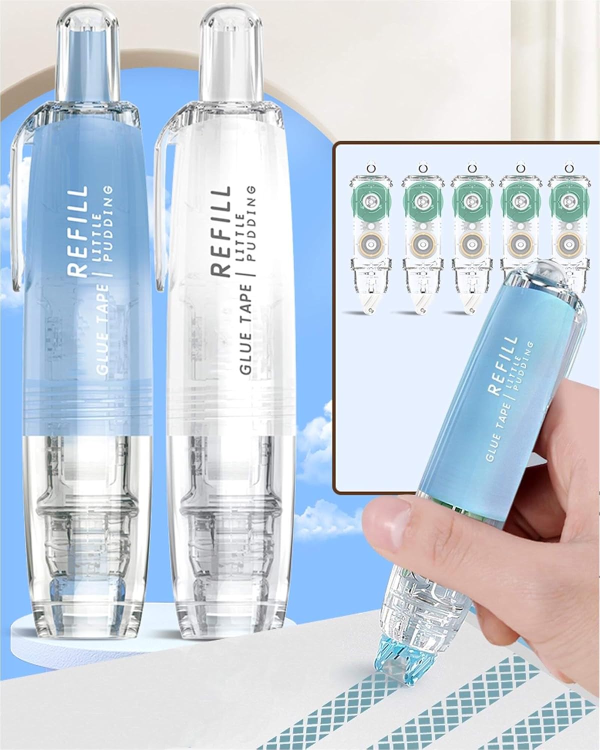 Refillable Glue Tape Roller - 2 Pcs Double Sided Craft Tape Runner with 5 Tape Runner Refill,  Office Scrapbook Craft Supplies