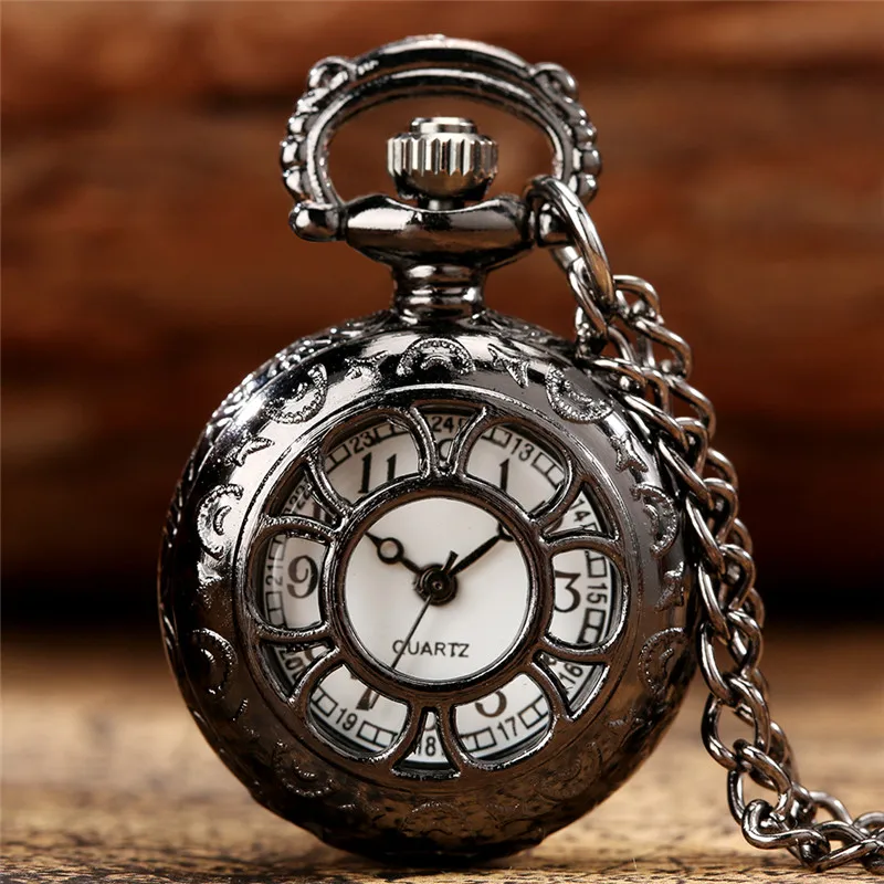 Steampunk Hollow Out Flower Design Men Women Quartz Pocket Watch Necklace Chain Small Size Unisex Collectable Clock Gift