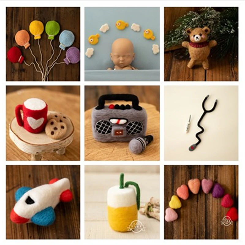Newborn Baby Photography Props Handmade Wool Mini Cute Doctor Radio Coffee Stars Kite Decorations For Studio Shoots Photo Props