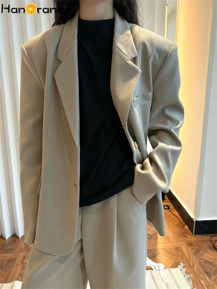 HanOrange 2025 Spring Wide Shoulder Shaped Suit Jacket Women Simple Relaxation Casual Coat Blazer Mixed Gray/Light Khaki