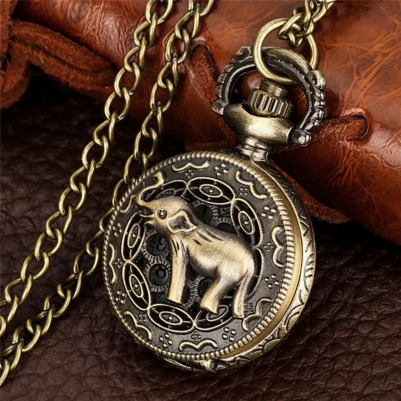 Steampunk Loverly Elephant Men Women Necklace Chain Quartz Analog Pocket Watch Half Hunter Design Fob Arabic Number Clock Gifts