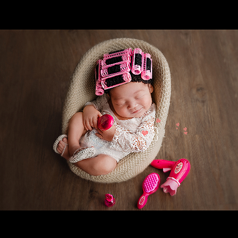Bebe Shooting Baby Photography Prop Mini Perm Rods Cap Electric Hair Drier Comb Mirror Lipstick Slipper 1 Set Creative Props