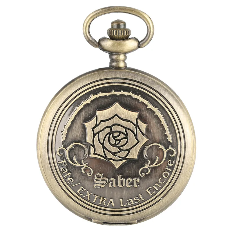 Bronze Style Fate/EXTRA Last Encore Bronze Rose Flower Display Men Women Quartz Pocket Watch Necklace Chain Clock Present